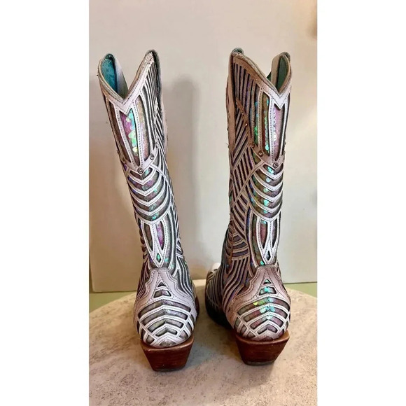 Coral Womens Ivory Pink Sequins Rhinestone Leather Cowgirl Western Boots Size 7M - Picture 6 of 12